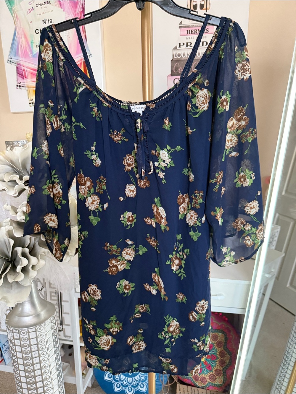 Purple Snow Navy Floral Off-Shoulder Midi Dress